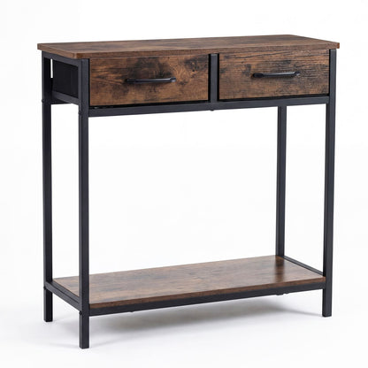 Rustic brown 29.5-inch narrow console table with two fabric drawers and open storage compartment, ideal for entryway decor.