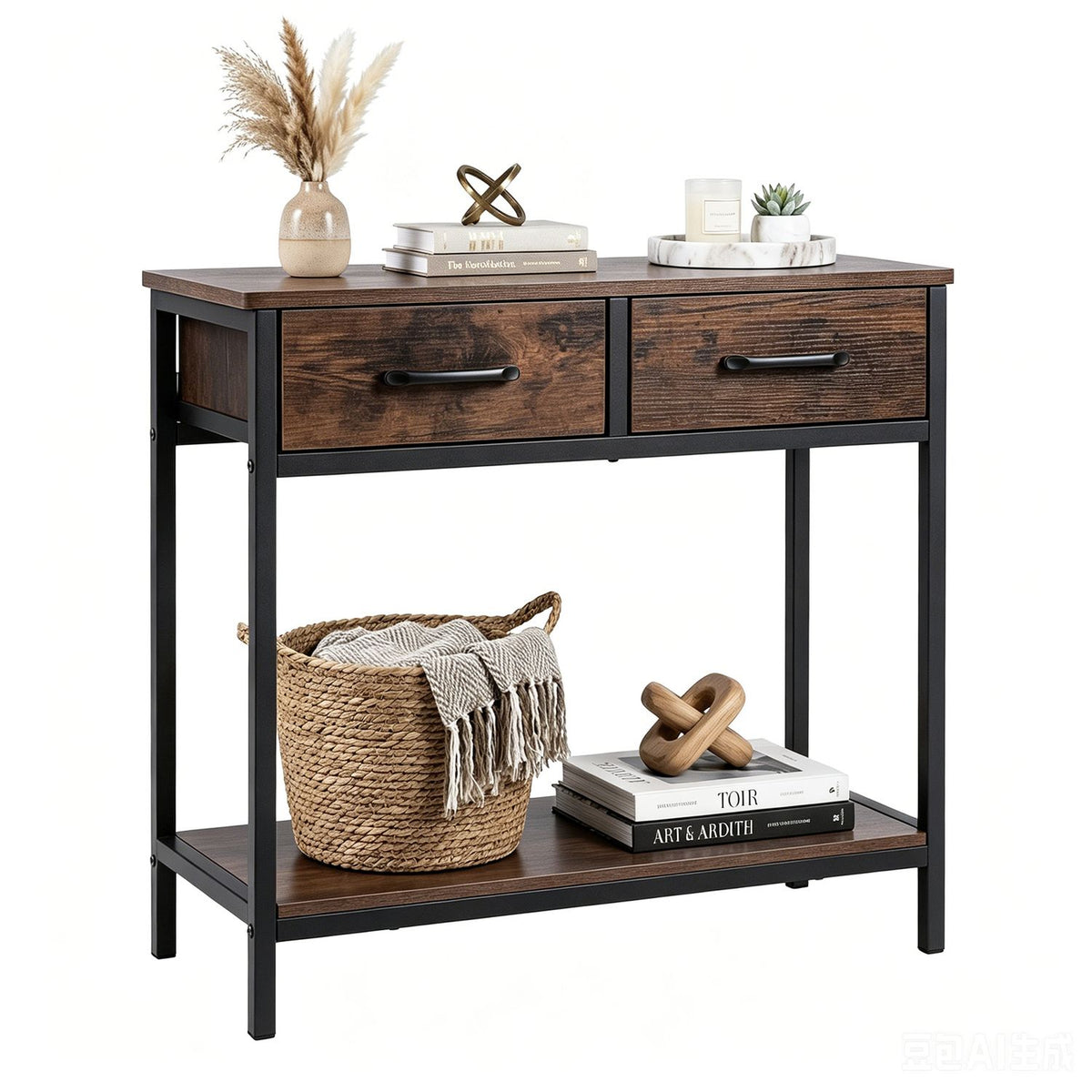 Rustic brown 29.5-inch narrow console table with two fabric drawers and open compartment for entryway storage.