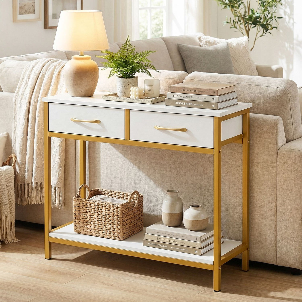 Rustic brown 29.5-inch narrow console table with two fabric drawers and open storage compartment, ideal for entryway decor.