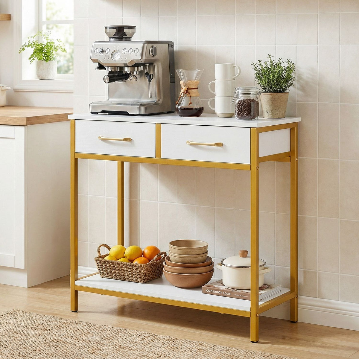 Rustic brown 29.5-inch narrow console table with 2 fabric drawers and open compartment, ideal for entryway decor.
