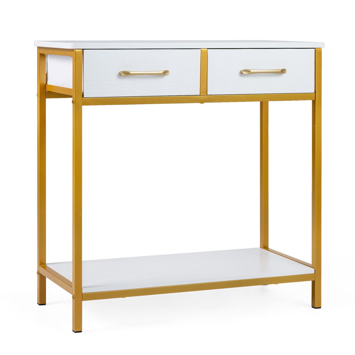 Rustic brown 29.5-inch narrow console table with two fabric drawers and open storage compartment, ideal for entryway decor.