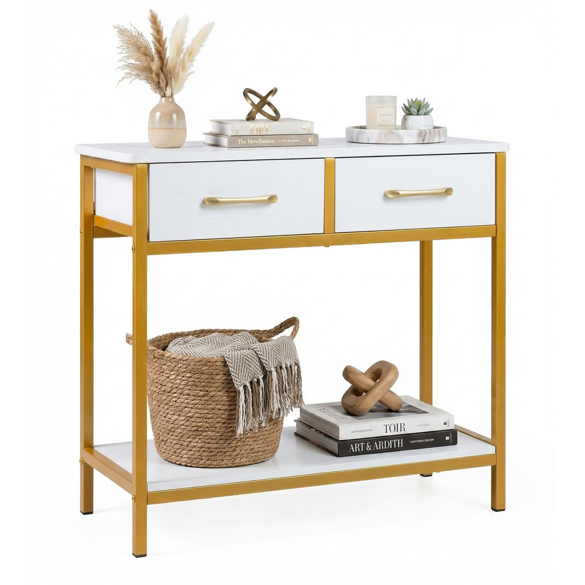 Rustic brown 29.5-inch narrow console table with two fabric drawers and open storage compartment, ideal for entryways.