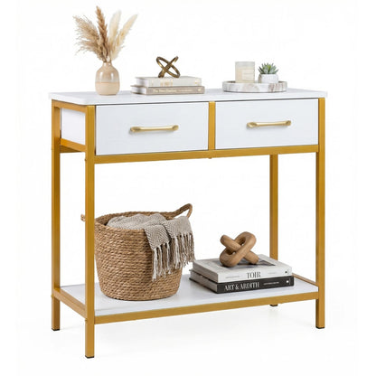 Rustic brown 29.5-inch narrow console table with two fabric drawers and open storage compartment, ideal for entryways.
