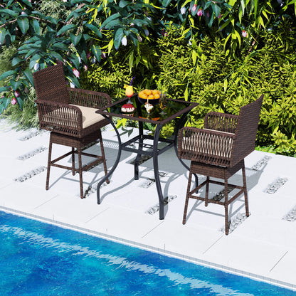 29” Bar Height Patio 360° Swivel Bar Stool with Cross-Woven Armrests Footrest and Seat Cushion-Brown