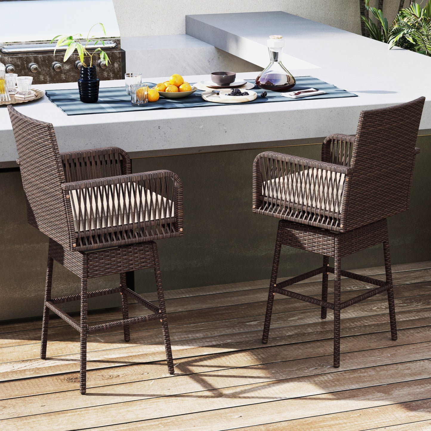 29” Bar Height Patio 360° Swivel Bar Stool with Cross-Woven Armrests Footrest and Seat Cushion-Brown