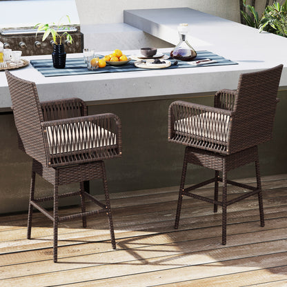29” Bar Height Patio 360° Swivel Bar Stool with Cross-Woven Armrests Footrest and Seat Cushion-Brown