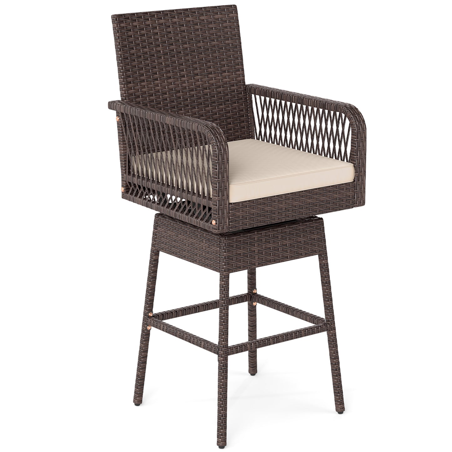 29” Bar Height Patio 360° Swivel Bar Stool with Cross-Woven Armrests Footrest and Seat Cushion-Brown