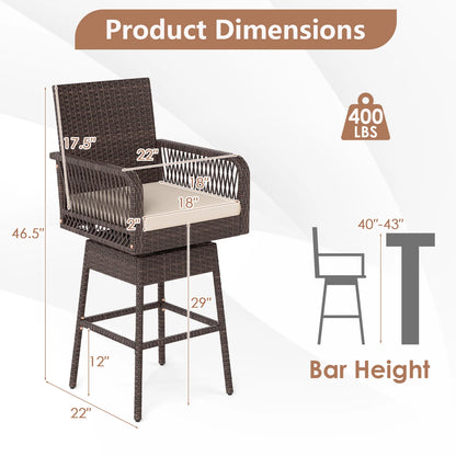29” Bar Height Patio 360° Swivel Bar Stool with Cross-Woven Armrests Footrest and Seat Cushion-Brown