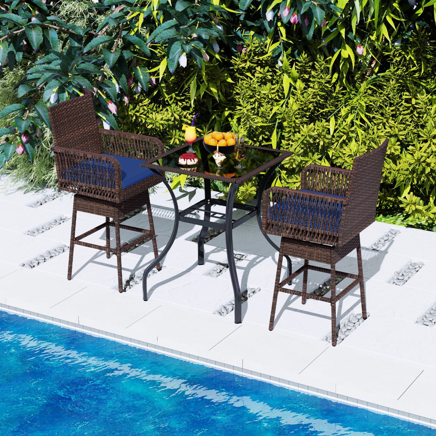 29” Bar Height Patio 360° Swivel Bar Stool with Cross-Woven Armrests Footrest and Seat Cushion-Brown