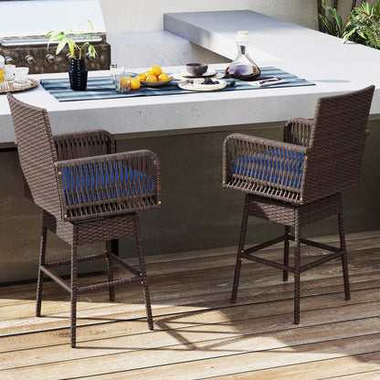 29” Bar Height Patio 360° Swivel Bar Stool with Cross-Woven Armrests Footrest and Seat Cushion-Brown