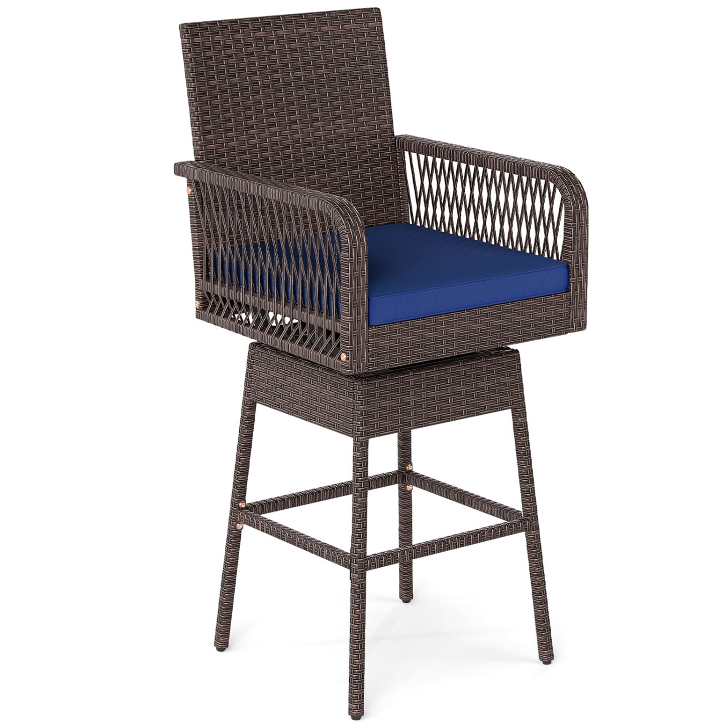 29” Bar Height Patio 360° Swivel Bar Stool with Cross-Woven Armrests Footrest and Seat Cushion-Brown