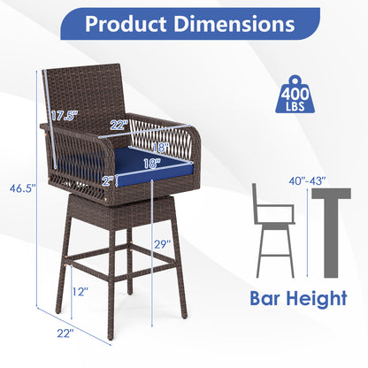 29” Bar Height Patio 360° Swivel Bar Stool with Cross-Woven Armrests Footrest and Seat Cushion-Brown