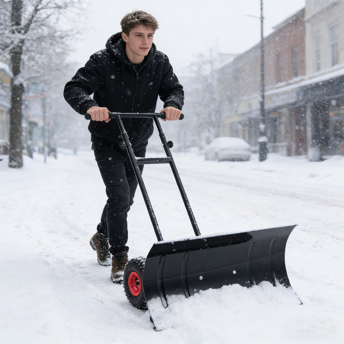 Black 29-inch snow pusher with wheels and adjustable handle, heavy-duty metal shovel for outdoor snow removal.