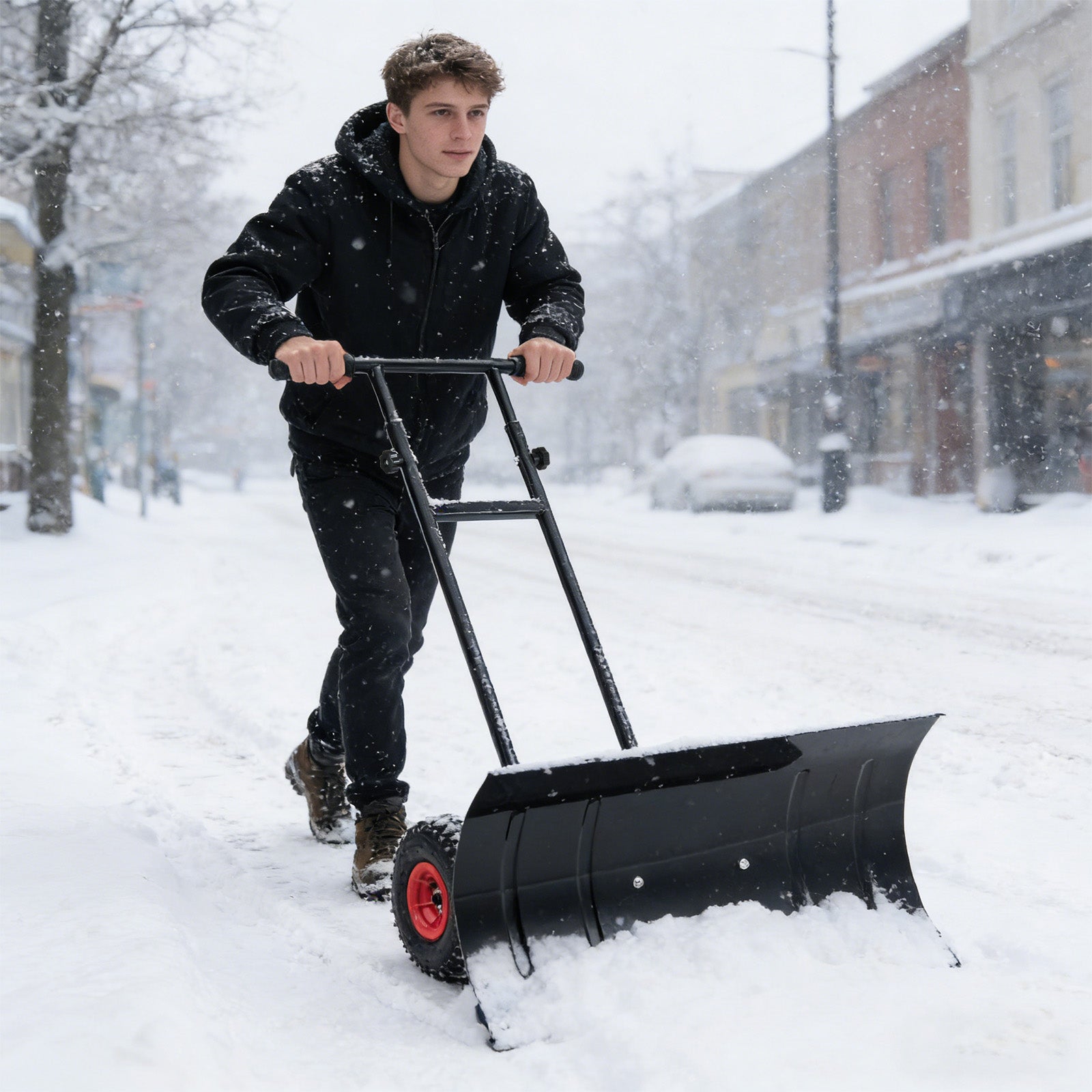 Black 29-inch snow pusher with wheels and adjustable handle, heavy-duty metal shovel for outdoor snow removal.