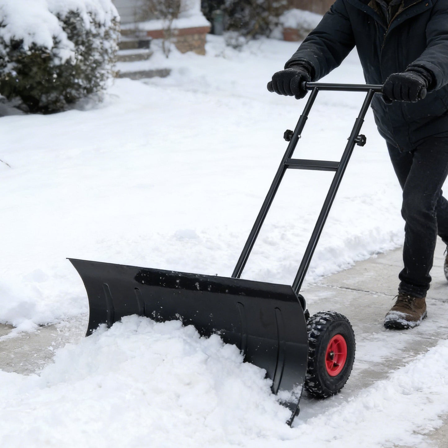 Heavy-duty 29-inch snow pusher with wheels, adjustable handle, and black metal blade for outdoor snow removal.
