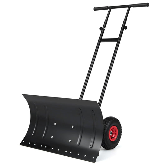 29 Inch Snow Pusher Heavy Duty Metal Shovel with Wheels and Adjustable Handle-Black