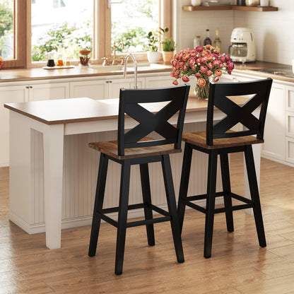 29" Rubberwood Swivel Barstools Set of 2 with Backrest and Large Seat-Black