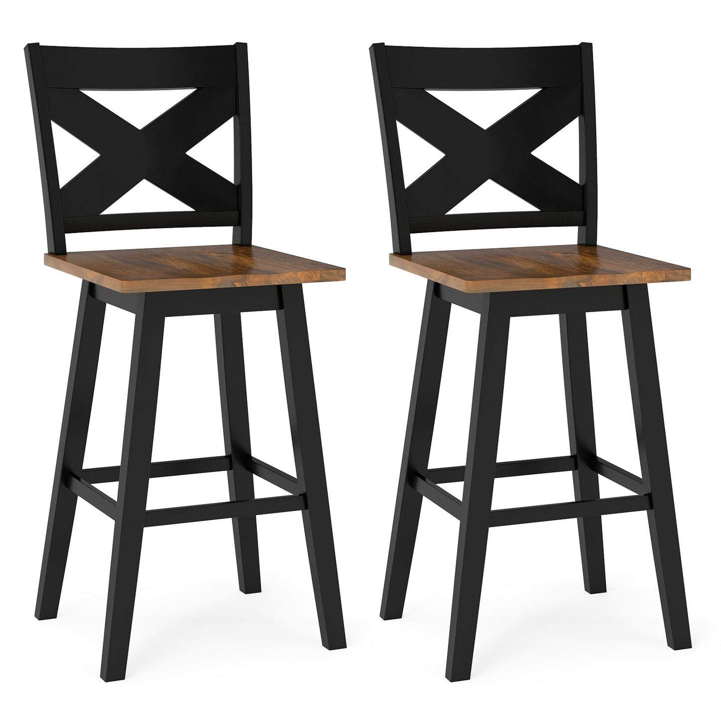 29" Rubberwood Swivel Barstools Set of 2 with Backrest and Large Seat-Black