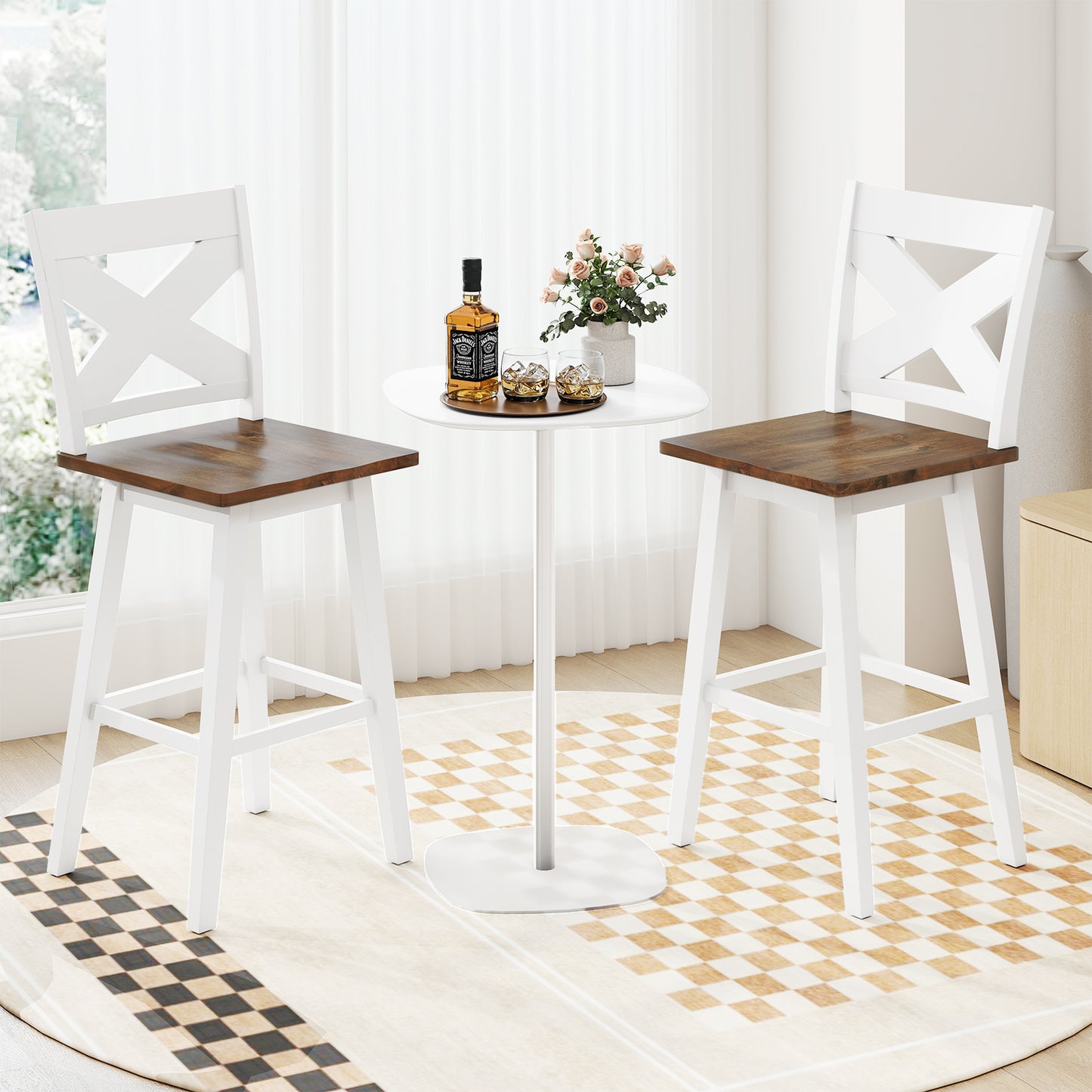 29" Rubberwood Swivel Barstools Set of 2 with Backrest and Large Seat-Black