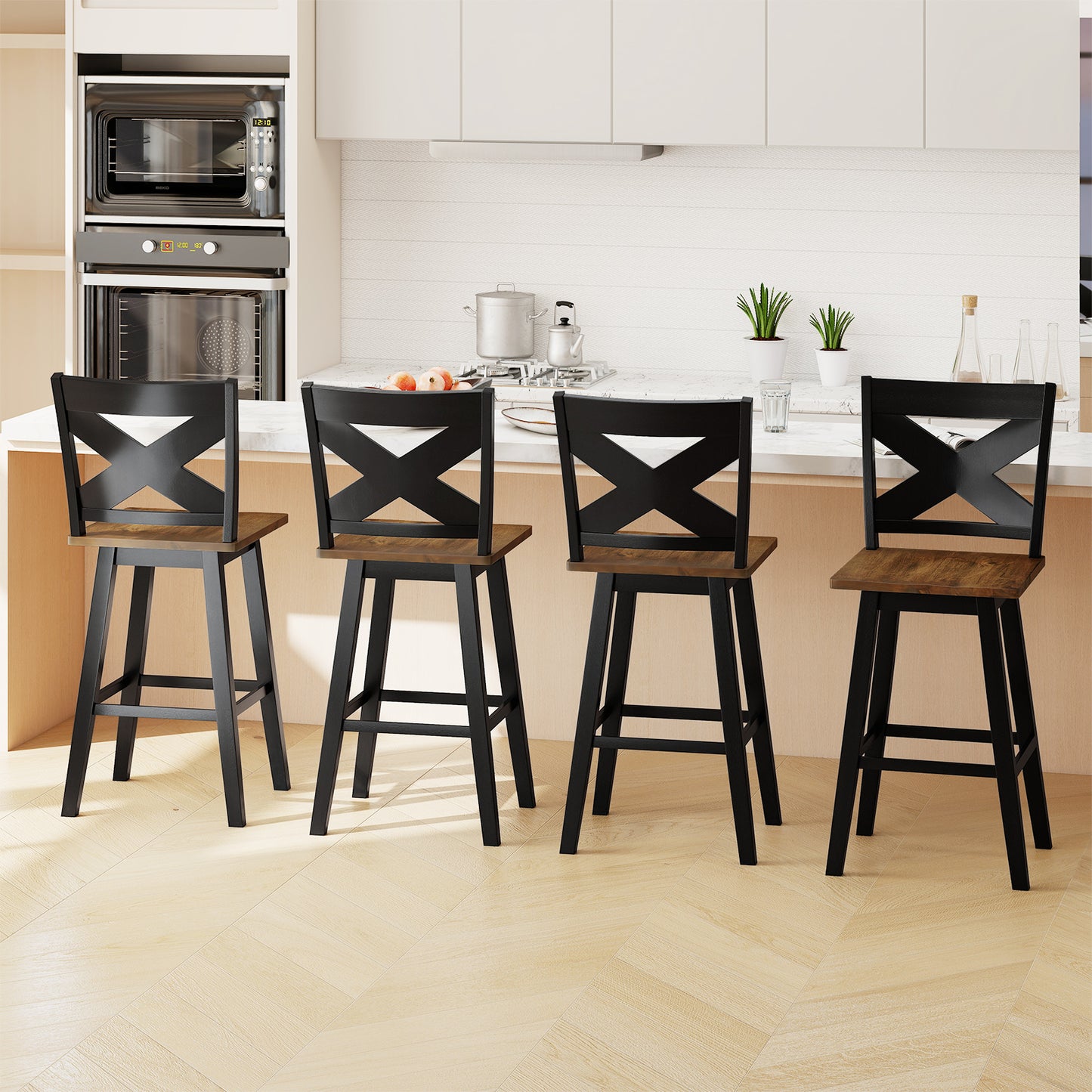 29" Rubberwood Swivel Barstools Set of 4 with Backrest and Large Seat-Black