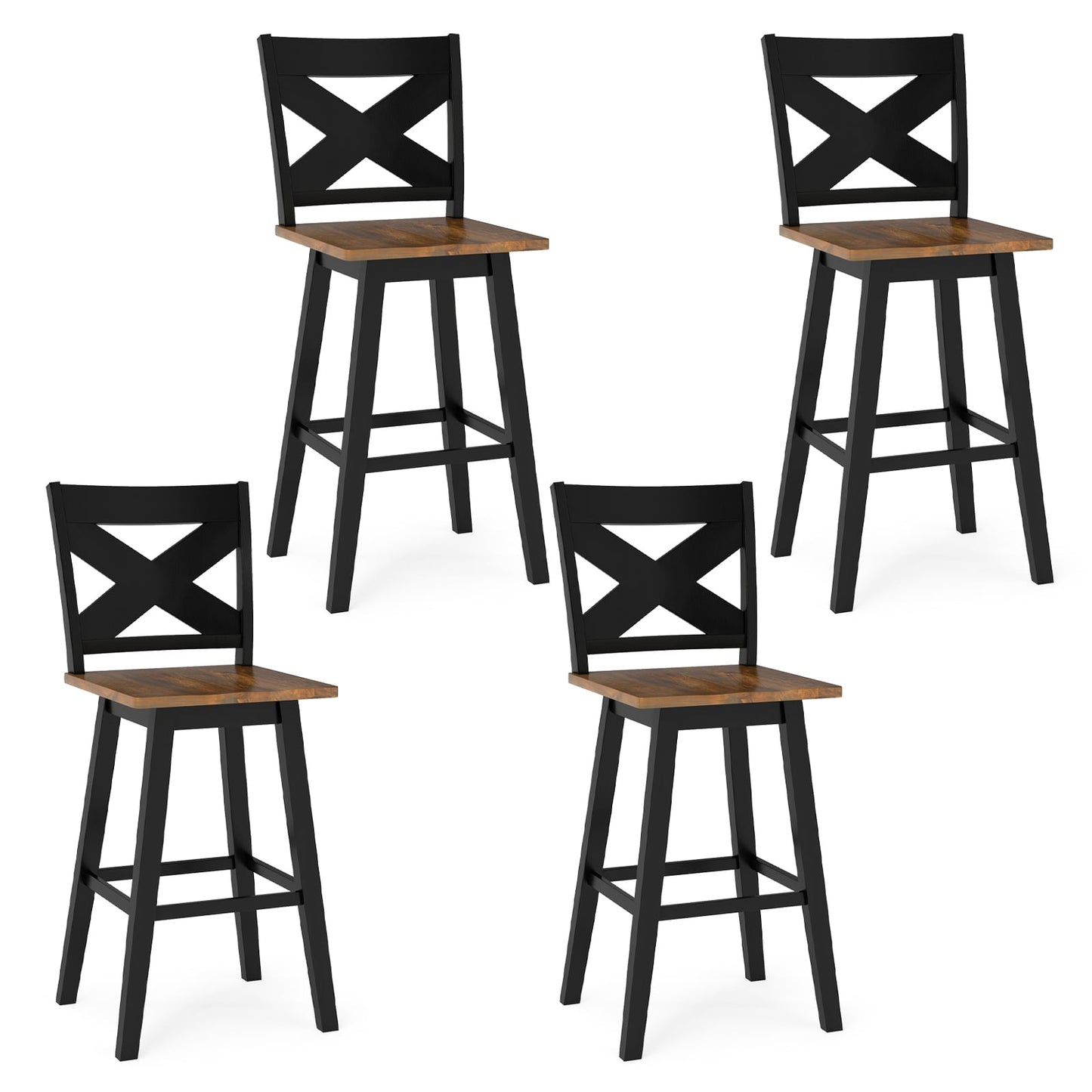 29" Rubberwood Swivel Barstools Set of 4 with Backrest and Large Seat-Black