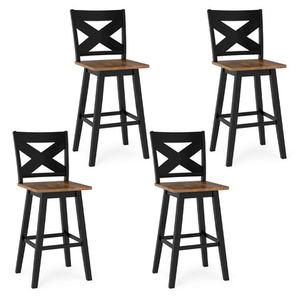29" Rubberwood Swivel Barstools Set of 4 with Backrest and Large Seat-Black