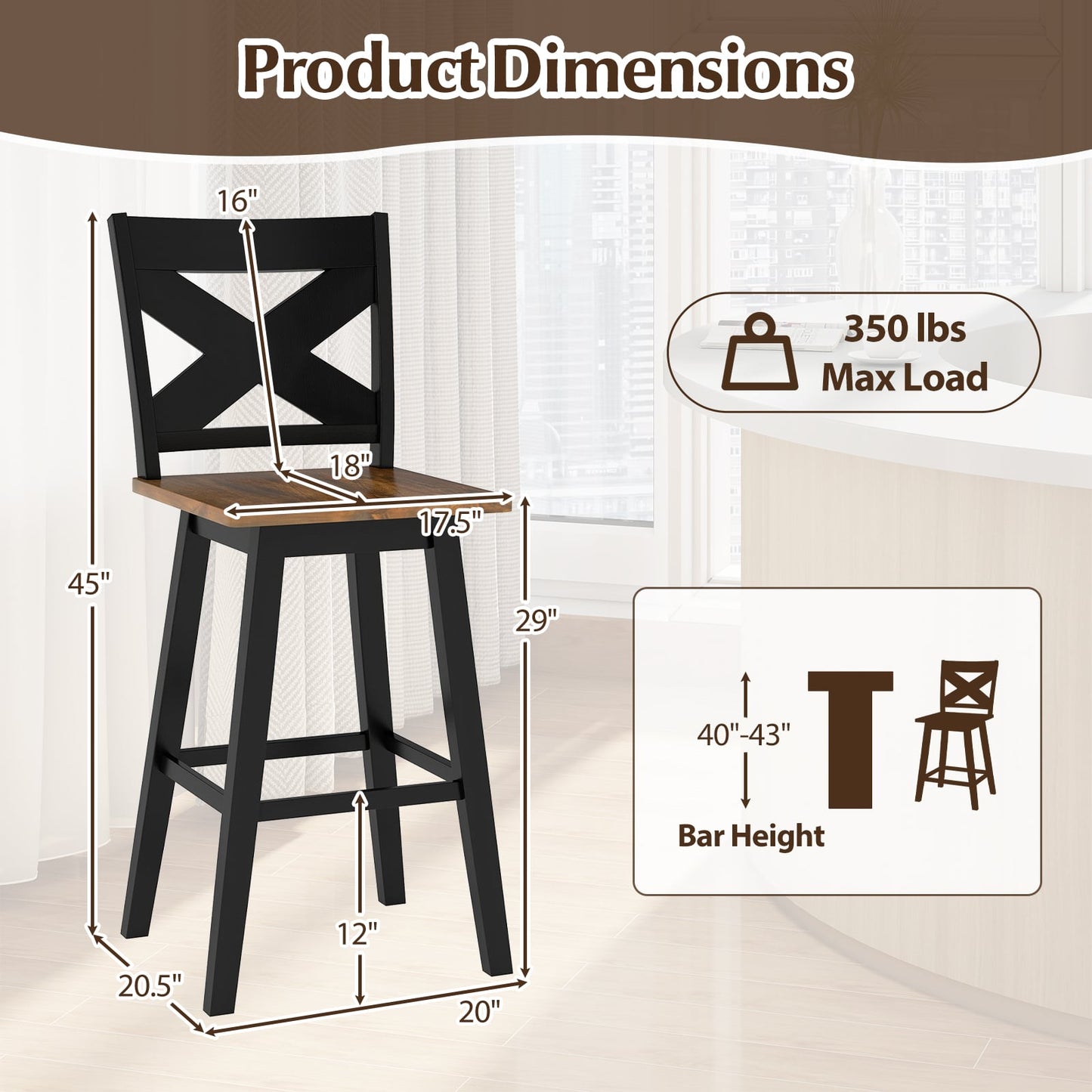 29" Rubberwood Swivel Barstools Set of 4 with Backrest and Large Seat-Black