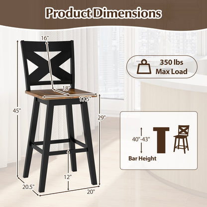 29" Rubberwood Swivel Barstools Set of 4 with Backrest and Large Seat-Black