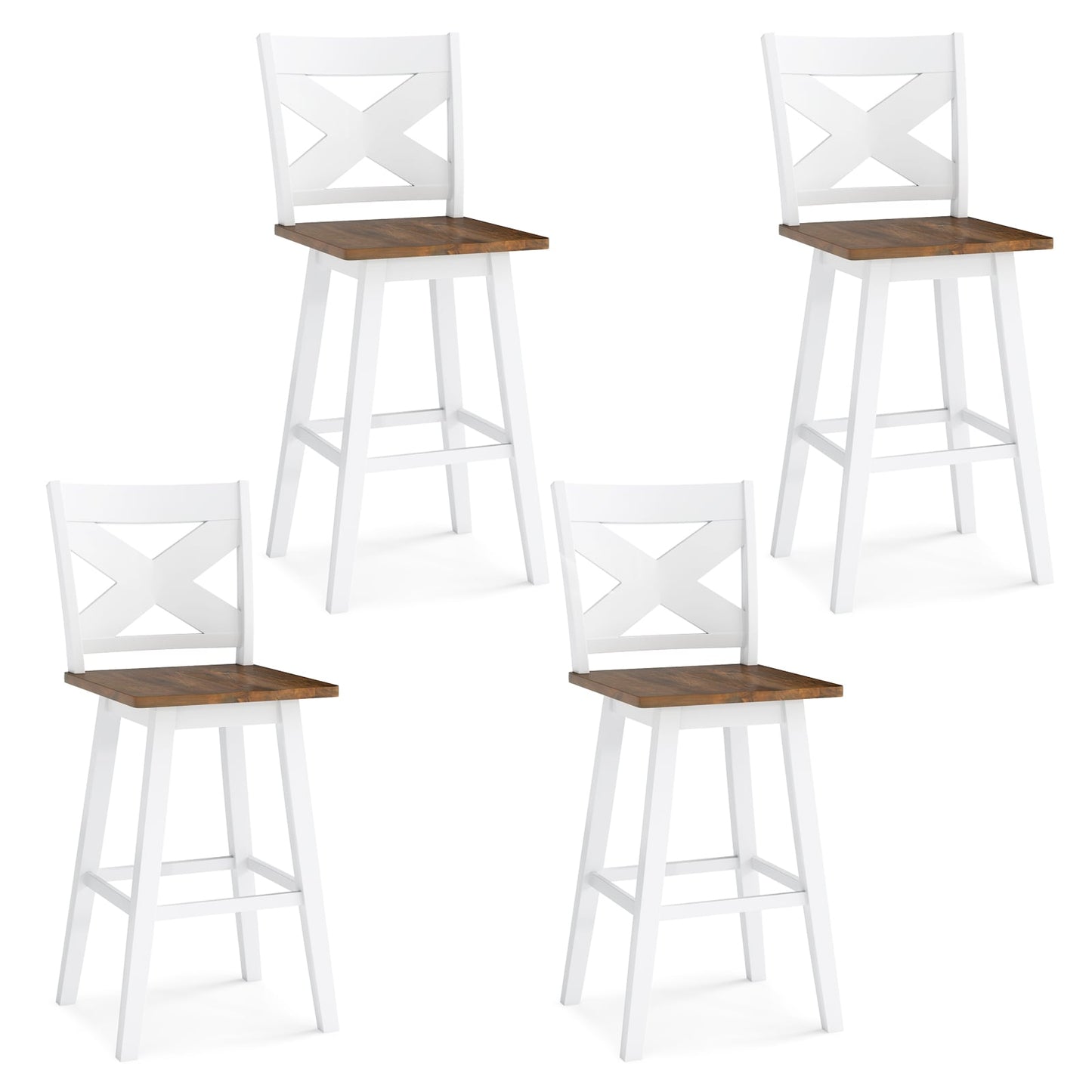 29" Rubberwood Swivel Barstools Set of 4 with Backrest and Large Seat-Black