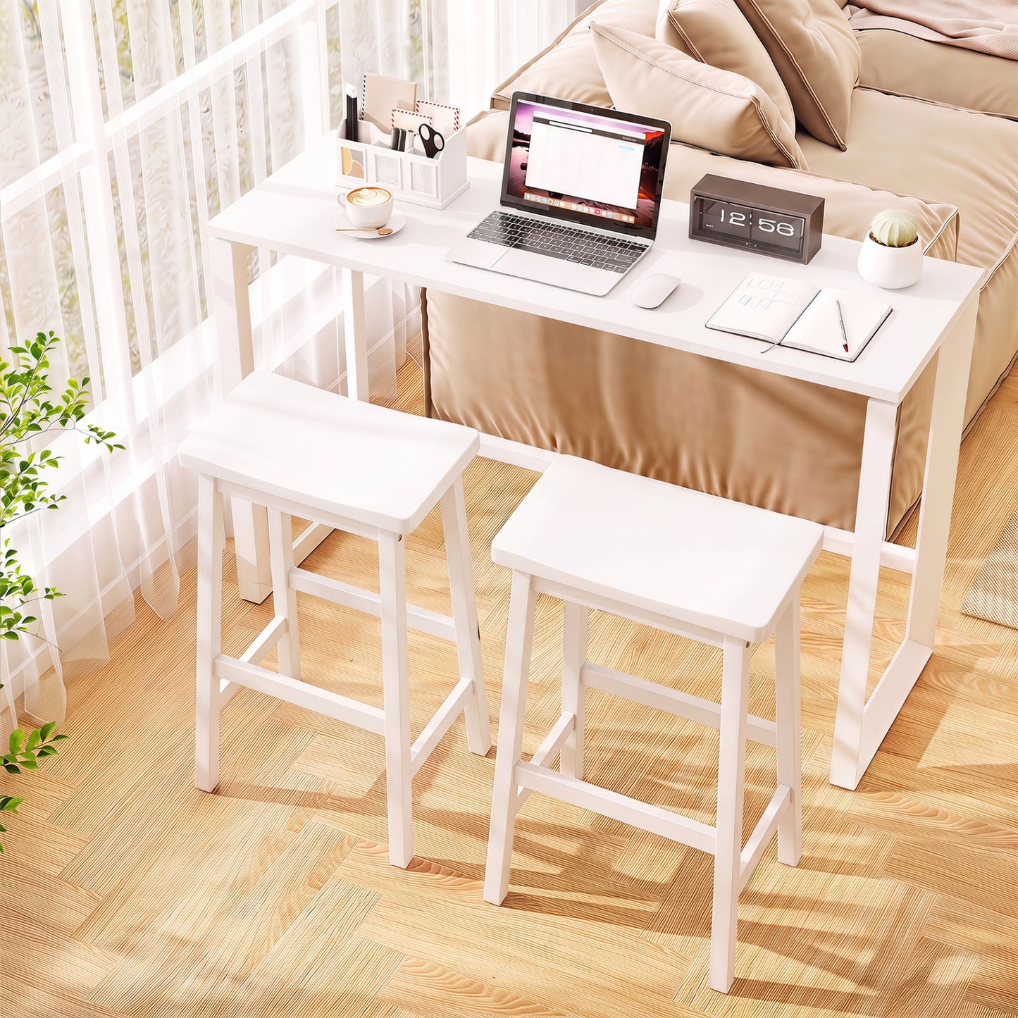 29" Set of 2 Saddle-Seat Counter Height Stools with Curved Seat and Footrests-Beige
