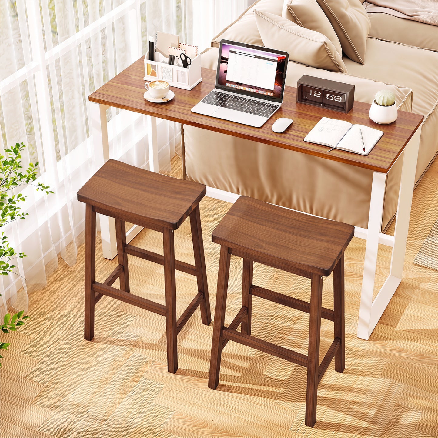 29" Set of 2 Saddle-Seat Counter Height Stools with Curved Seat and Footrests-Beige