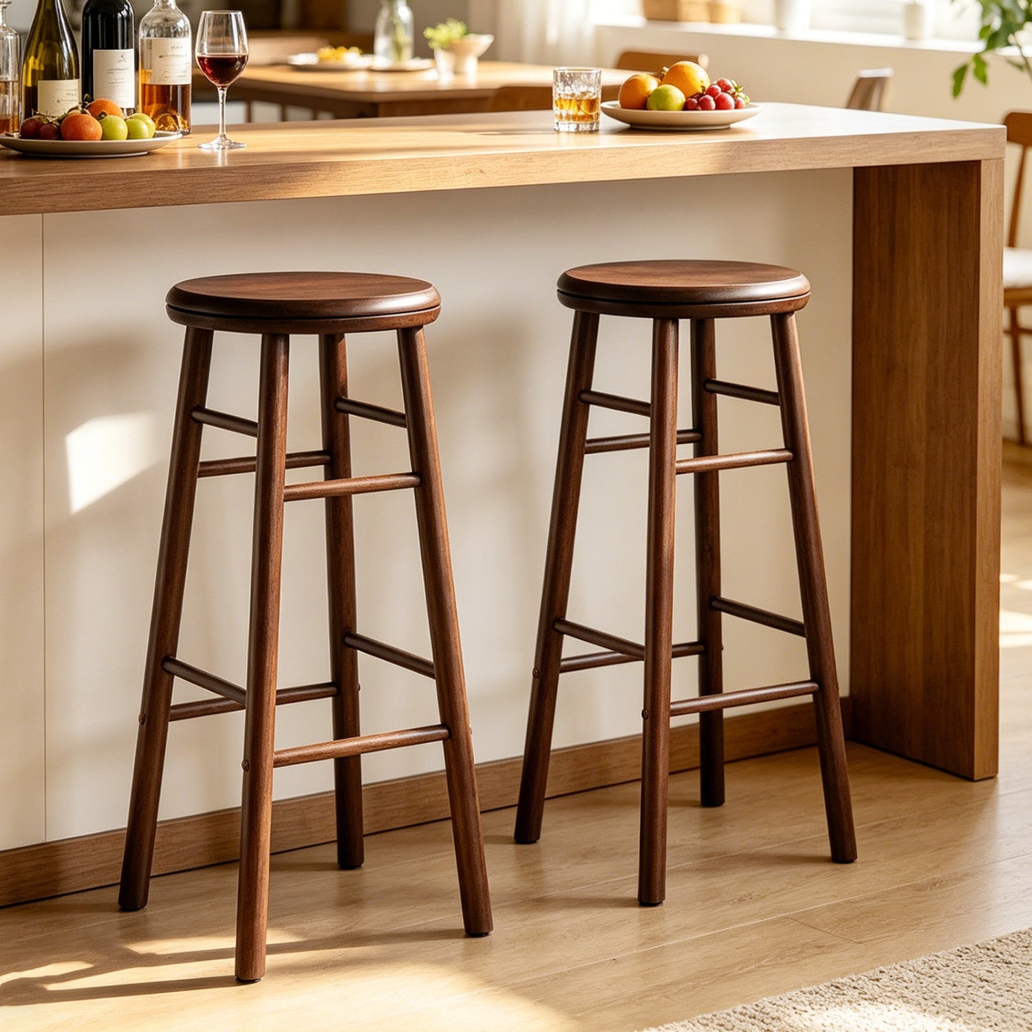 Pair of 29-inch gray swivel bar stools with footrests and crossbars, designed for kitchen and dining areas.