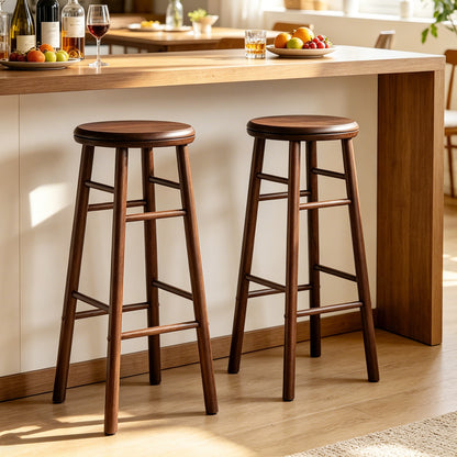 Pair of 29-inch gray swivel bar stools with footrests and crossbars, designed for kitchen and dining areas.