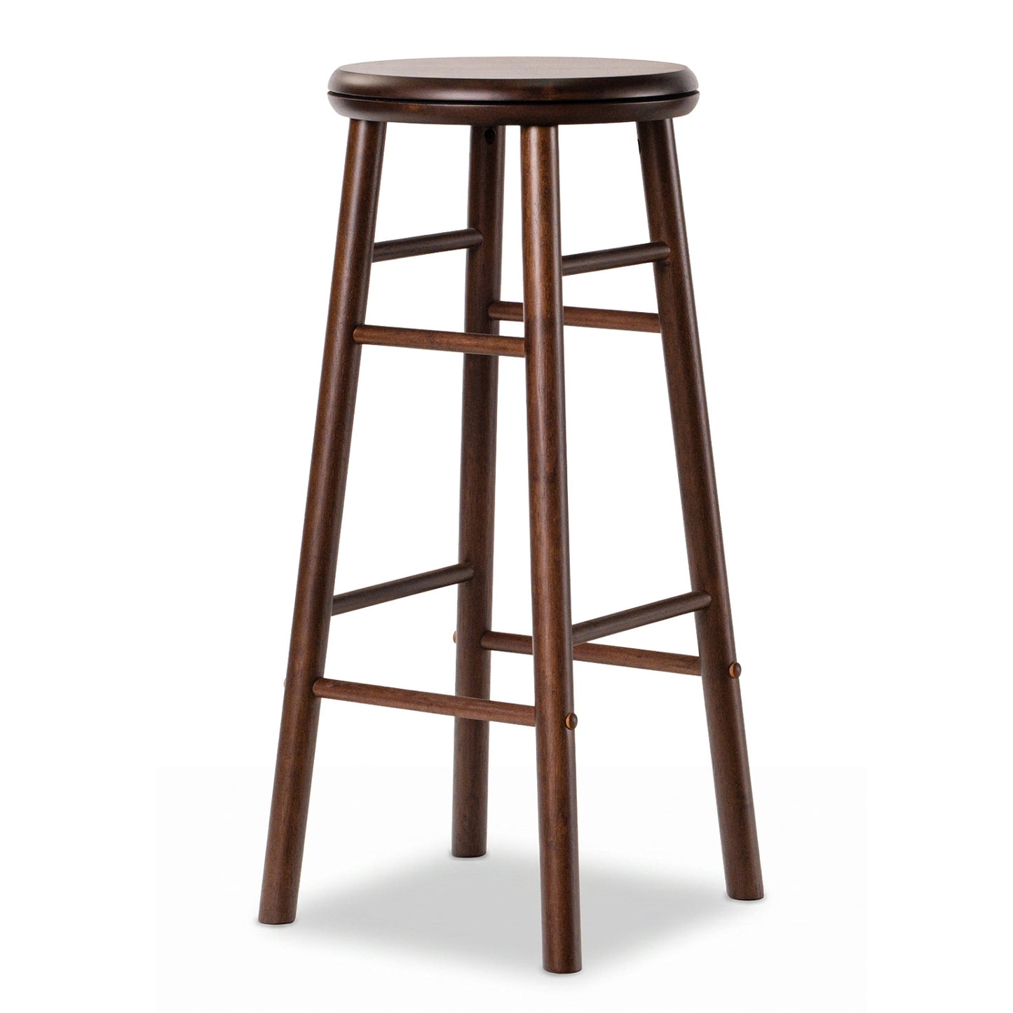Pair of 29-inch gray swivel bar stools with footrests and crossbars, ideal for kitchen or dining area seating.