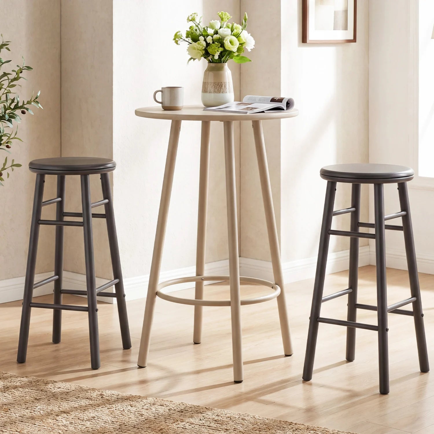 Set of 2 gray 29-inch swivel bar stools with footrests and crossbars, featuring modern design for kitchen and dining areas.