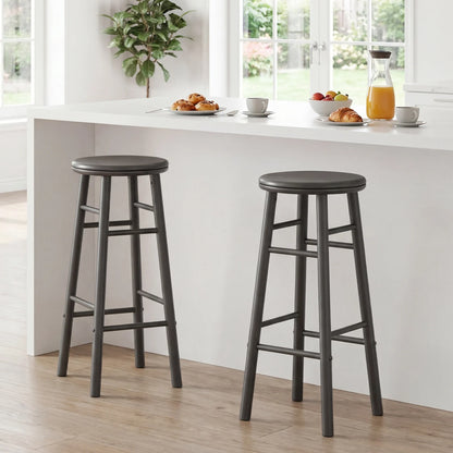 Set of 2 gray 29-inch swivel bar stools with footrests and crossbars, ideal for kitchen and dining areas.