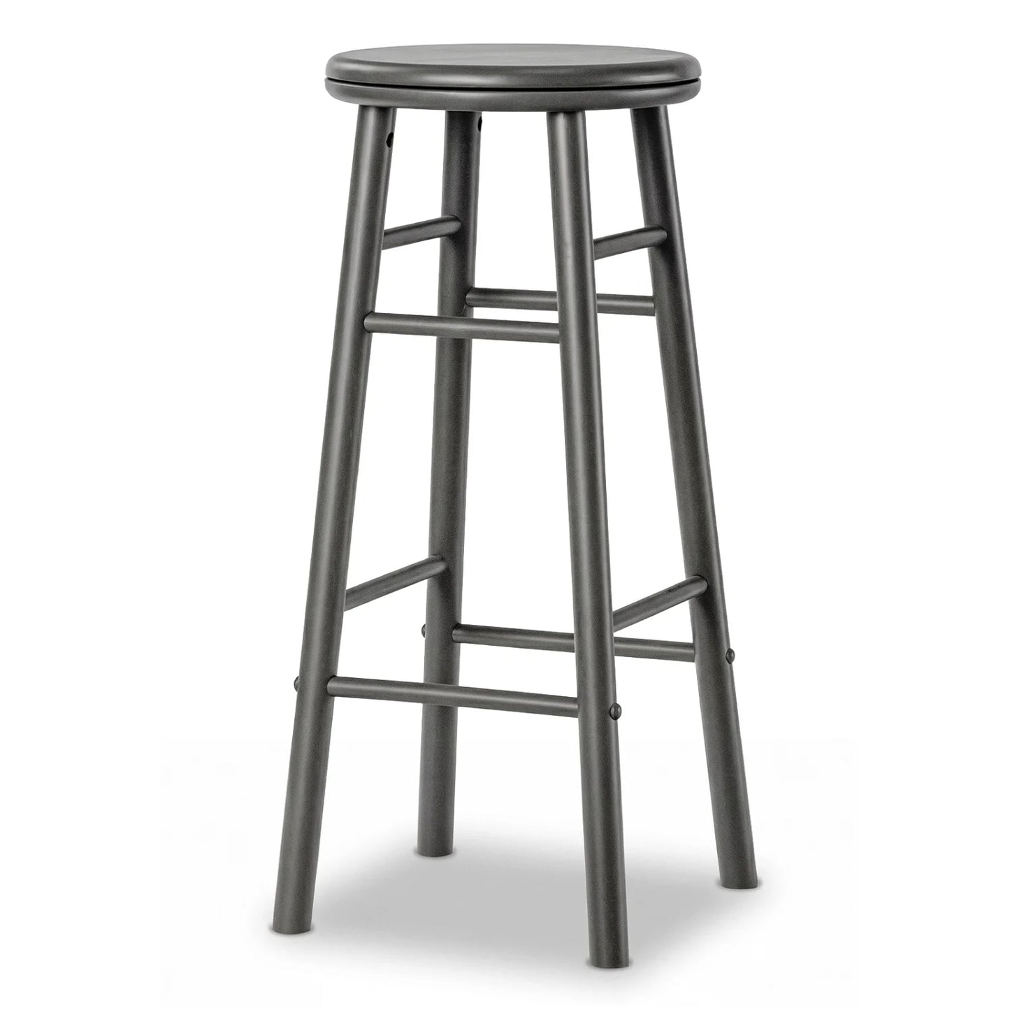 Set of 2 29-inch gray swivel bar stools with footrests and crossbars, designed for kitchen and dining areas.