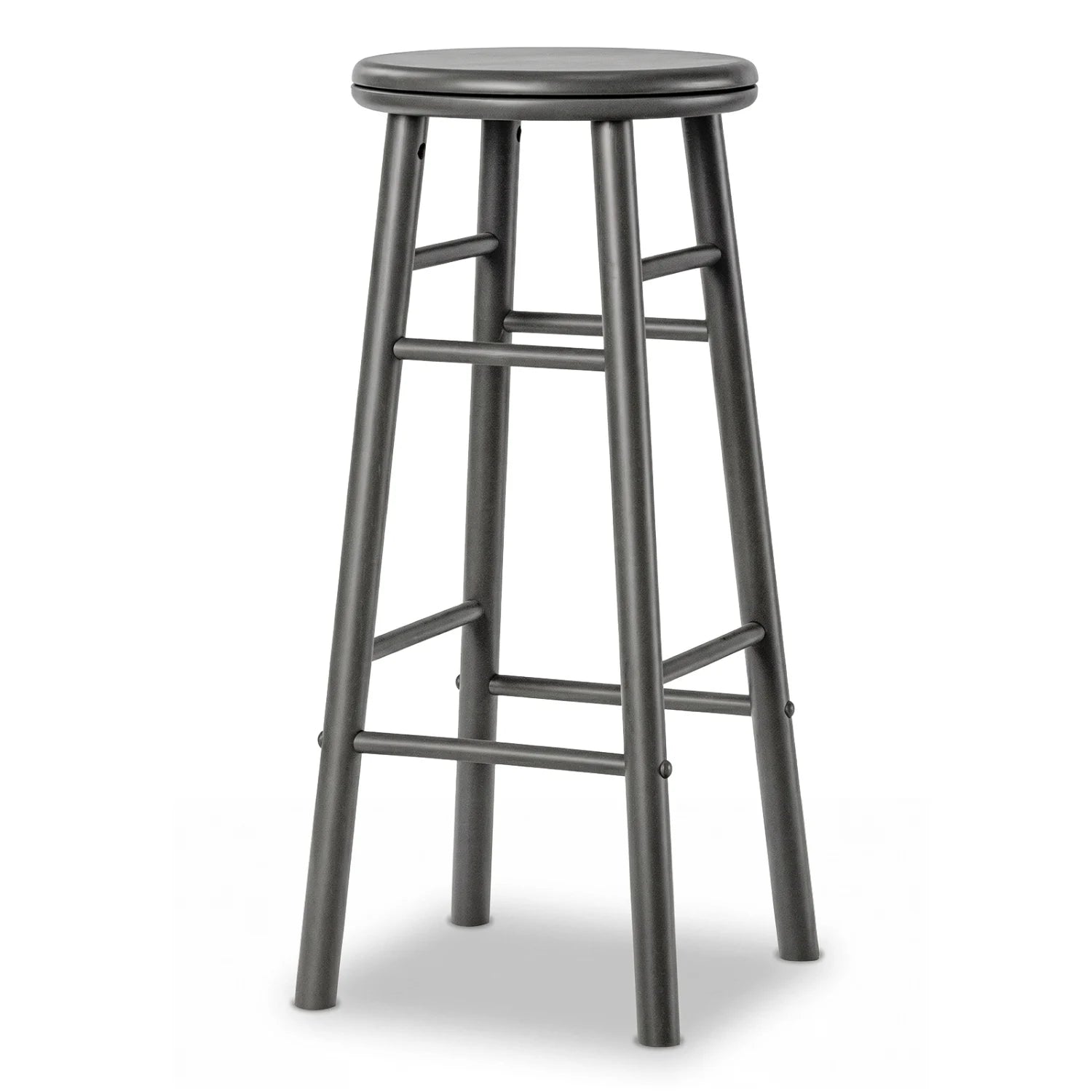 Set of 2 29-inch gray swivel bar stools with footrests and crossbars, designed for kitchen and dining areas.