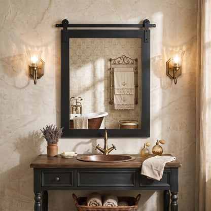 29" x 23" Rectangle Farmhouse Wall Mirror with Metal Bracket for Bathroom-Black