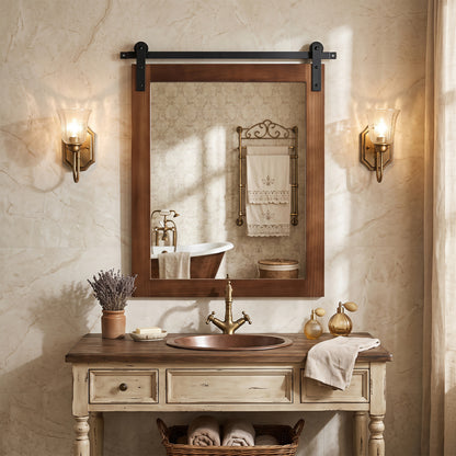 29" x 23" Rectangle Farmhouse Wall Mirror with Metal Bracket for Bathroom-Black
