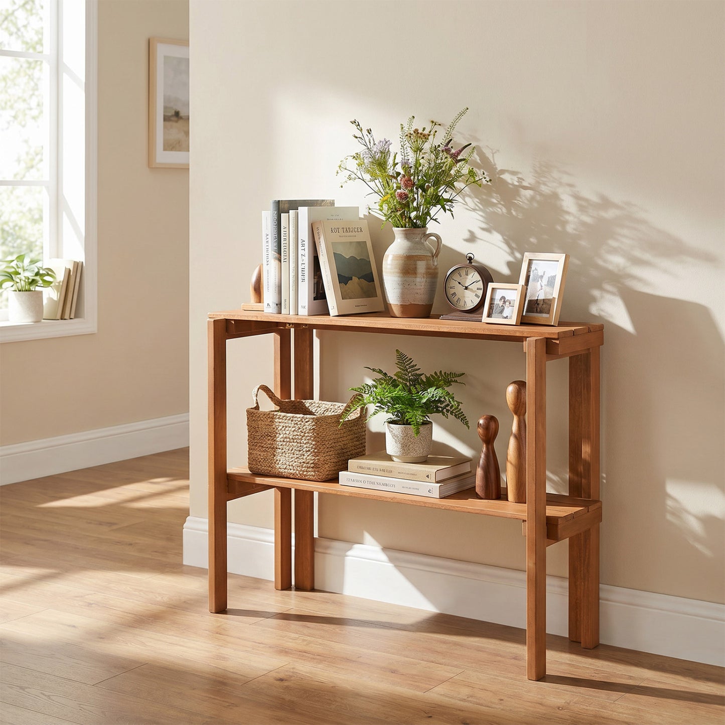 Wooden 2/3-tier folding plant stand for outdoor garden and entryway, featuring portable design and multiple shelves.