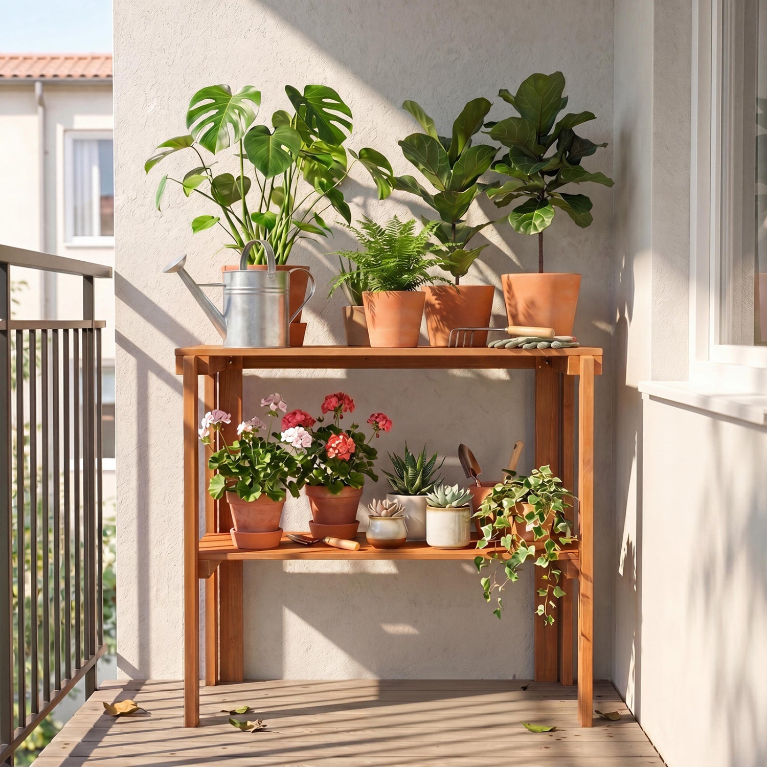 Wooden 2/3-tier folding plant stand for outdoor garden and entryway storage, featuring natural wood finish and multiple shelves.