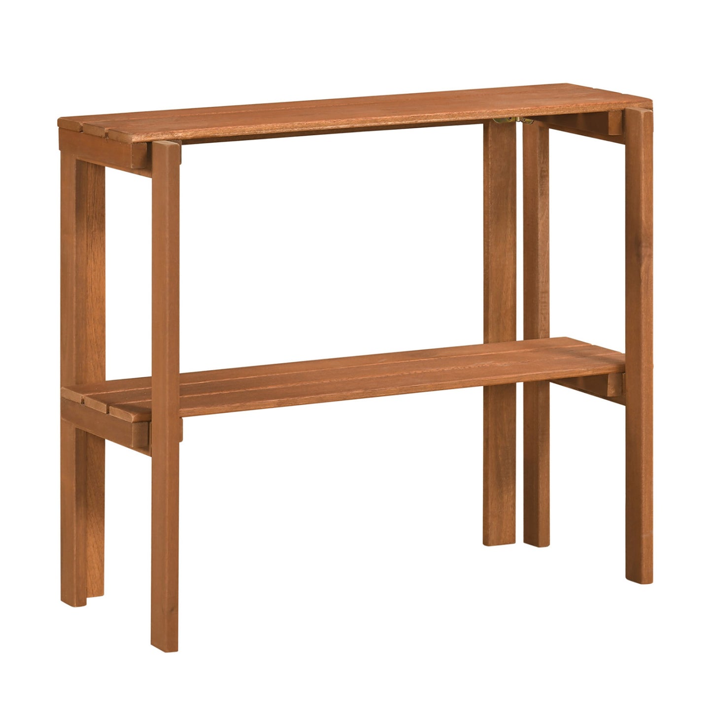 Two-tier folding wooden garden plant stand with shelves for outdoor entryway and garden storage by Wilsons Home Store
