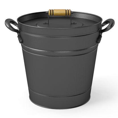 2.9 Gallon Metal Coal Ash Can with Wooden Lid and Side Grips for Fireplace Fire Pits