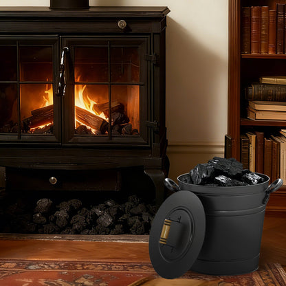 2.9 Gallon Metal Coal Ash Can with Wooden Lid and Side Grips for Fireplace Fire Pits