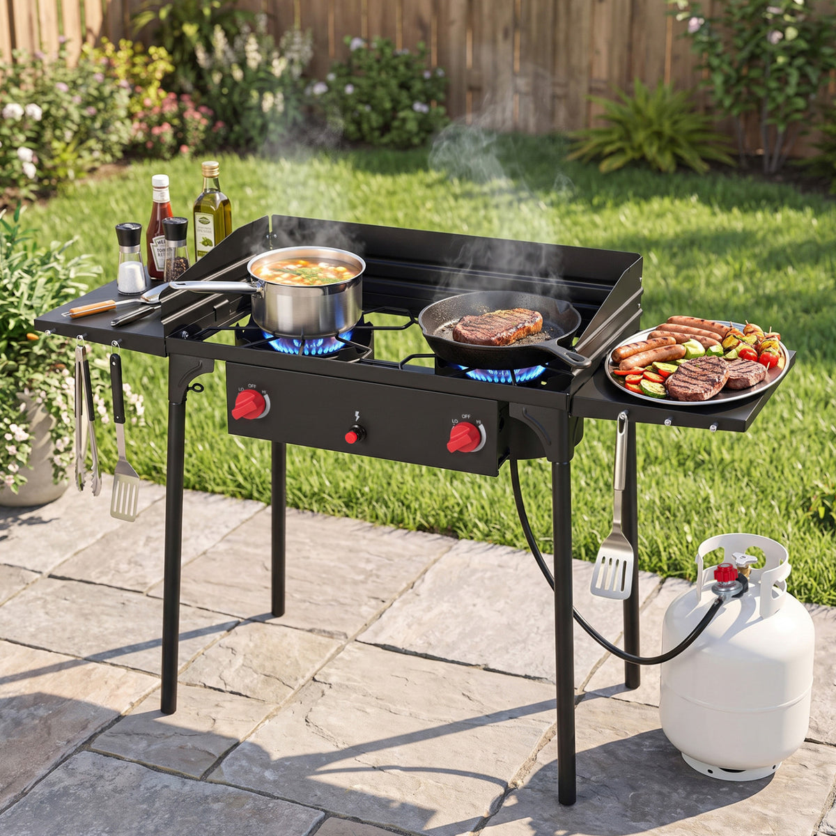 2 Burner Propane Gas Stove 150 000 BTU Portable Outdoor Cooker with Windscreen-Black