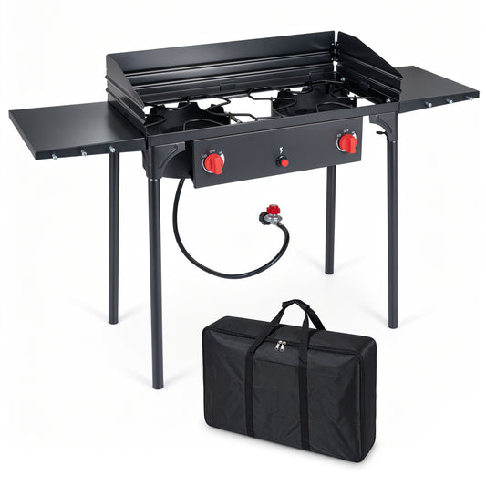 2 Burner Propane Gas Stove 150 000 BTU Portable Outdoor Cooker with Windscreen-Black