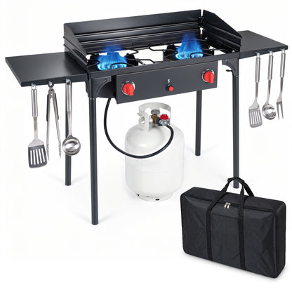 2 Burner Propane Gas Stove 150 000 BTU Portable Outdoor Cooker with Windscreen-Black