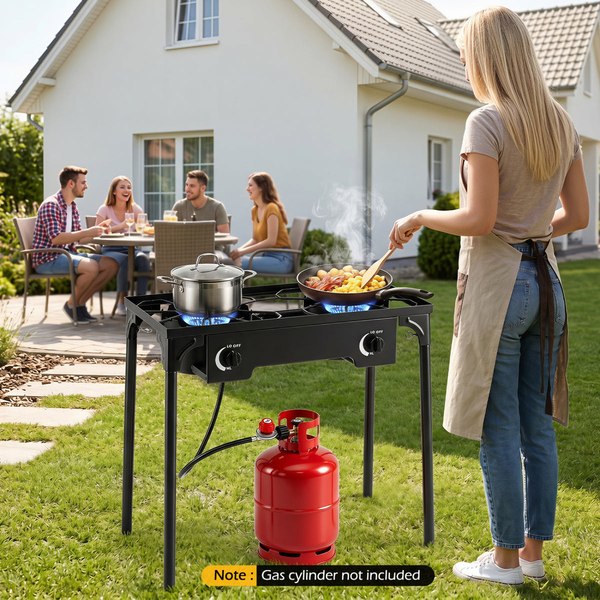 Black 2-burner propane camping stove with adjustable regulator and hose, suitable for outdoor grilling and BBQ cooking.
