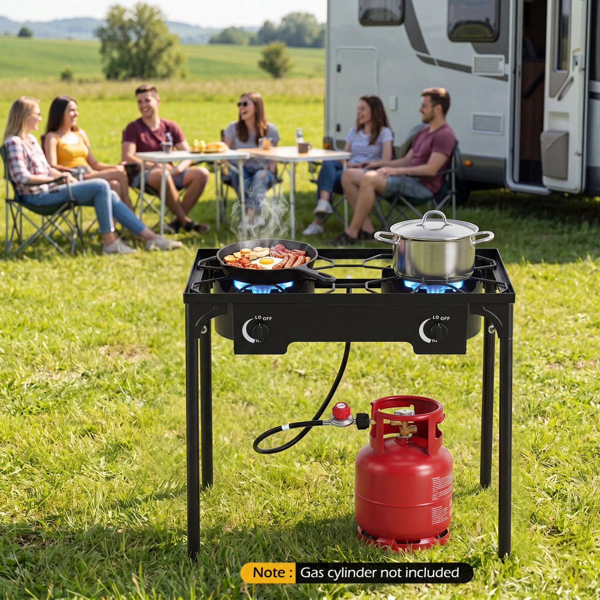 Black 2-burner propane camping stove with adjustable regulator and hose, ideal for outdoor grilling and BBQ cooking.